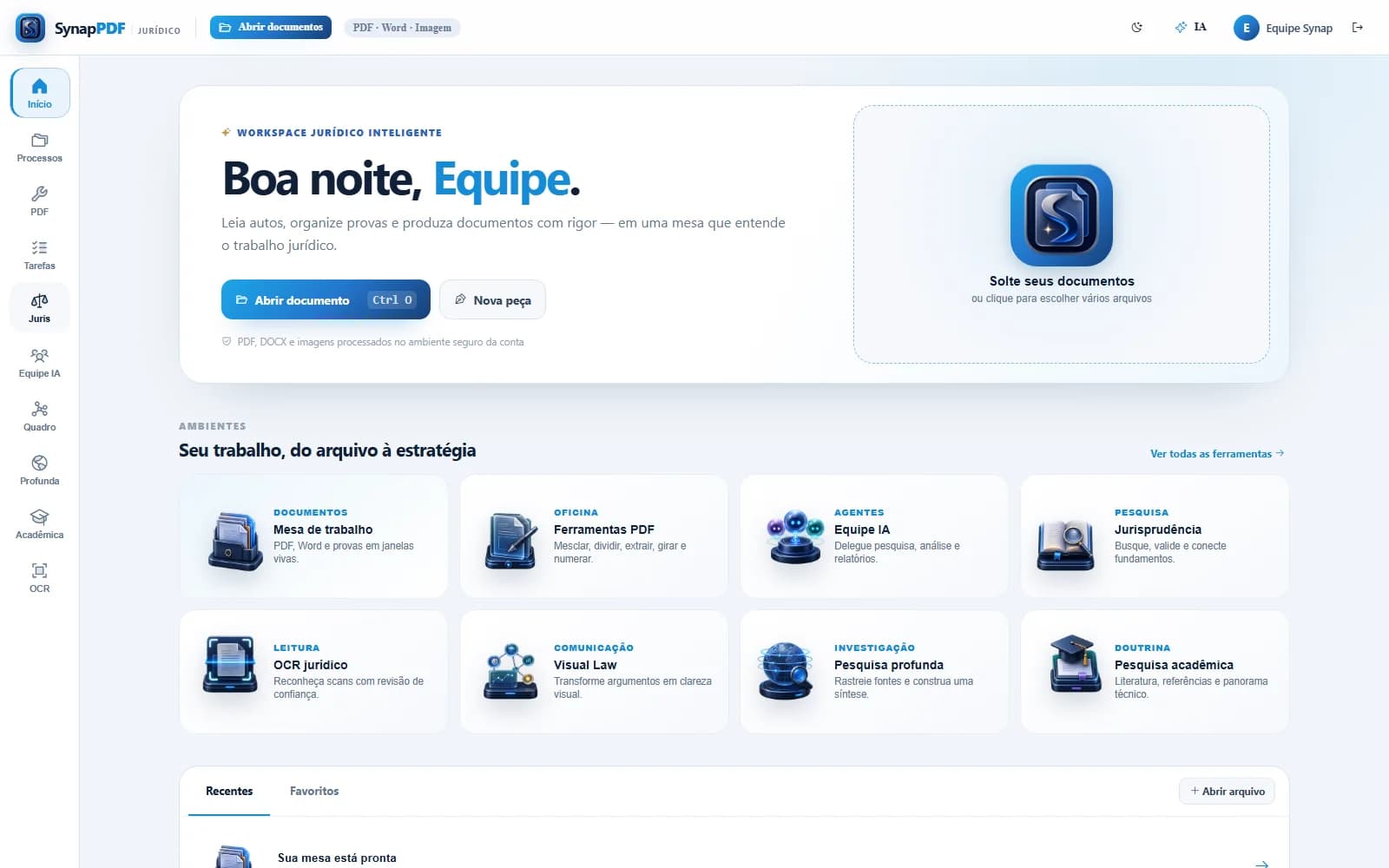 Interface atual do SynapPDF com documentos, pesquisa jurídica e equipe de agentes